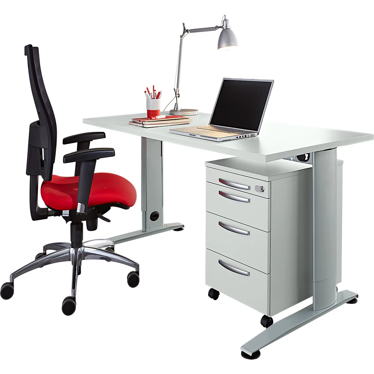 Office desk with office chair, laptop, desk lamp and mobile pedestal.