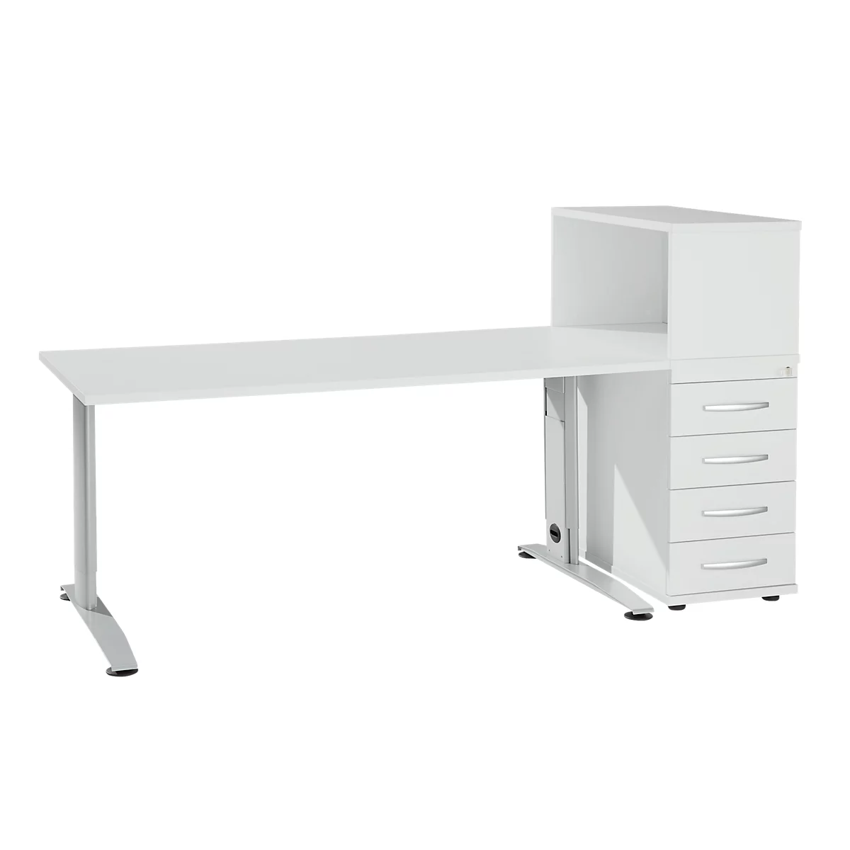 White office desk with drawers and silver handles, against a white background.