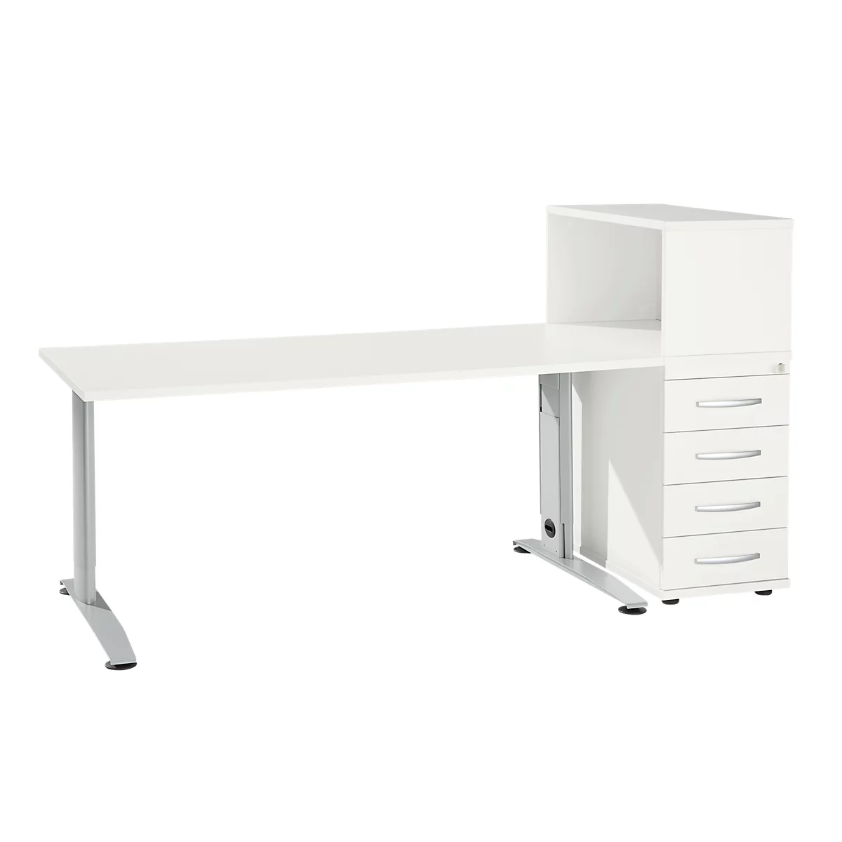 White desk with silver legs and drawer unit.