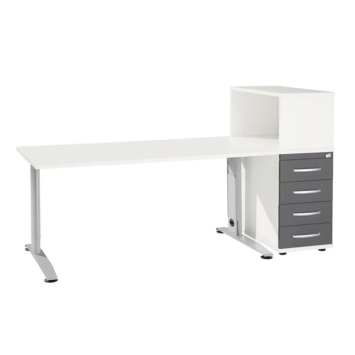 White desk with gray drawers and a shelf attachment.