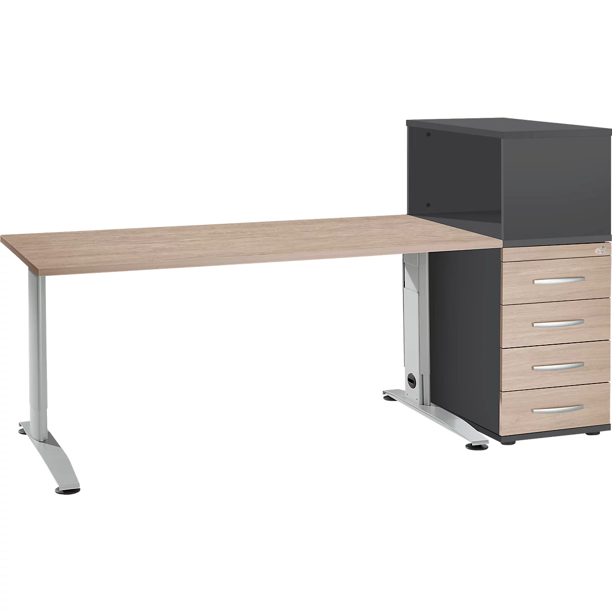 A modern desk with light wood top, gray legs, and black storage unit with drawers.