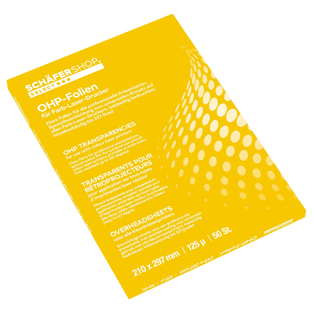 Yellow OHP film pack with white text. It says: "OHP-Folien", "Transparencies", "Overheadsheets".