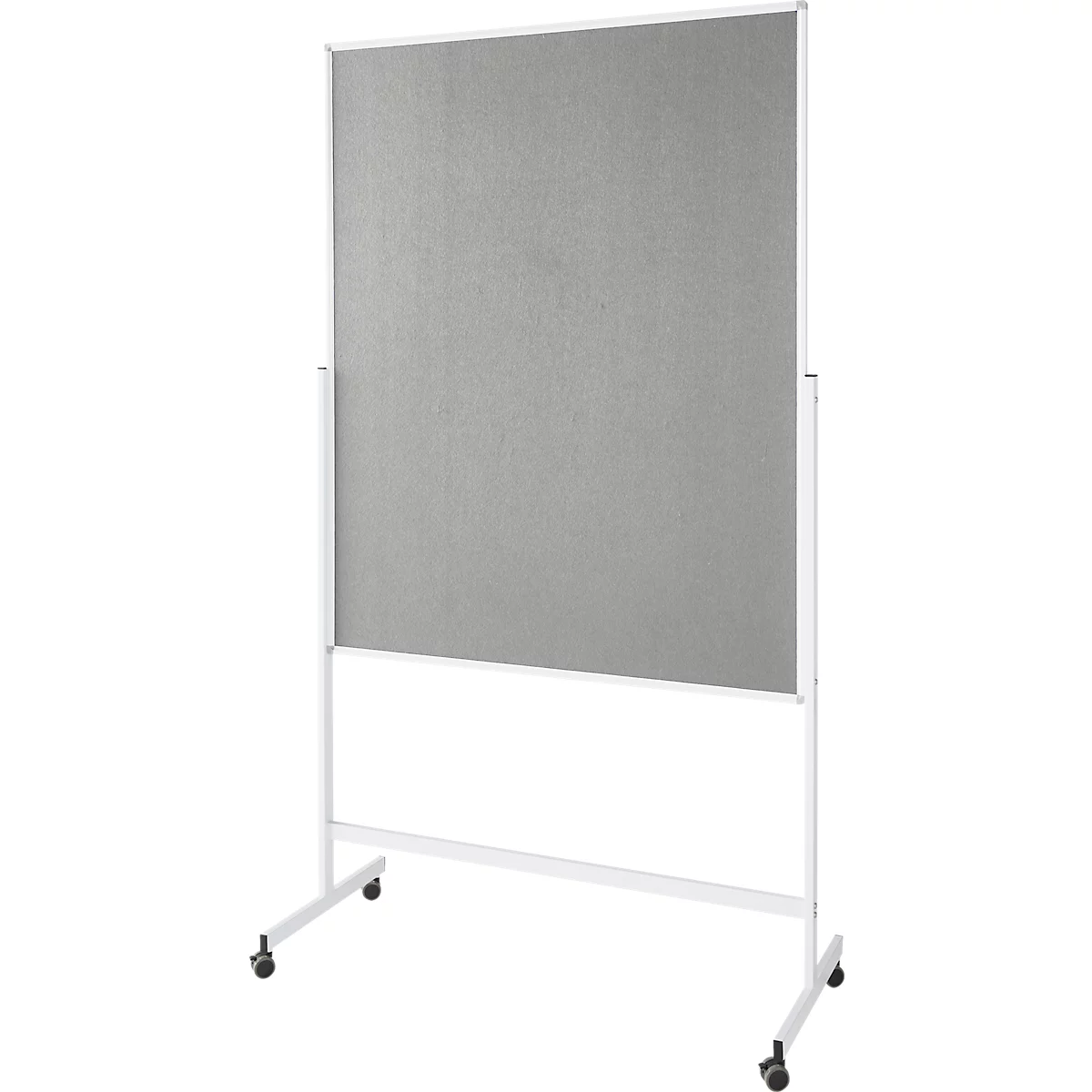 Grijs prikbord op een wit, rolbaar frame.