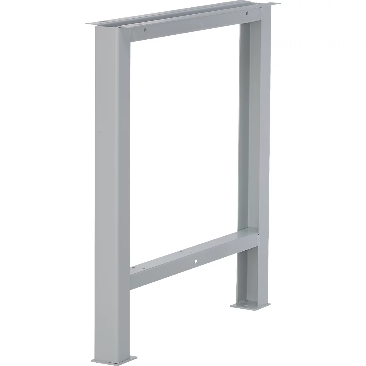 Lichtgrijs metalen frame met een rechthoekige vorm, dat als tafelpoten kan dienen. Platte lipjes zijn bevestigd aan de voeten en de bovenkant.