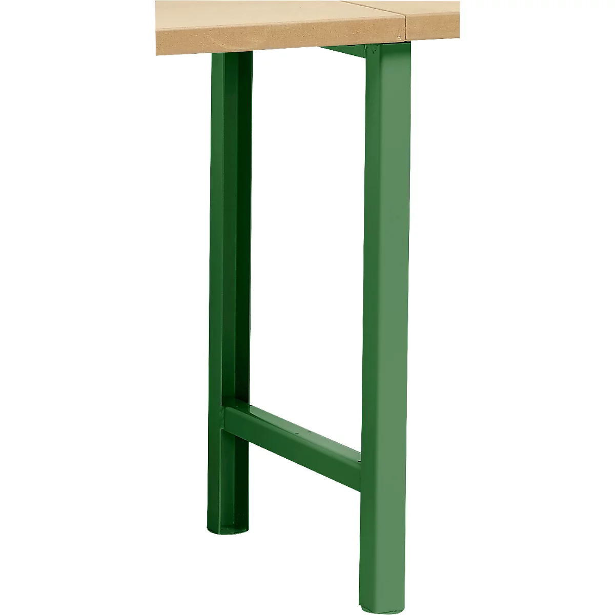 Gedetailleerde close-up van een groen tafelbeen. De rechthoekige tafel heeft een licht houten blad.
