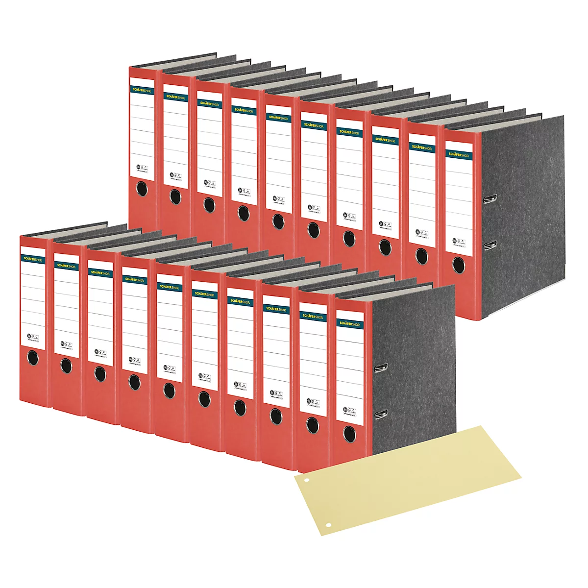 Schäfer Shop Select Ordner, A4, Rückenbreite 80 mm, Qualitäts-Hebelmechanik, Griffloch, 20 Stück, rot + gratis Trennstreifen, gelb, 100 Stück