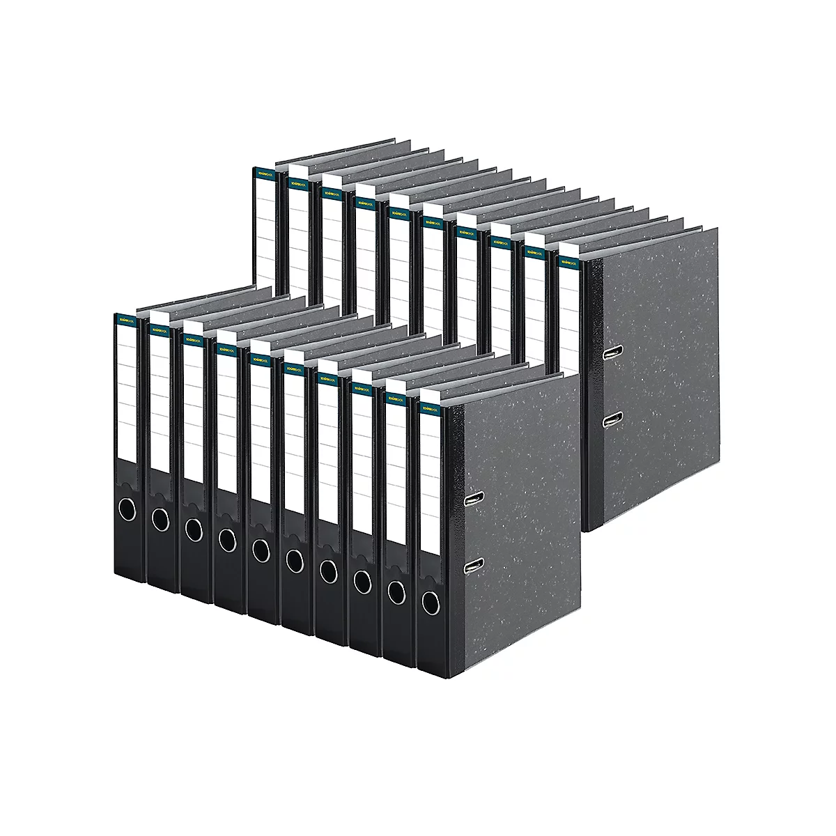 Opstelling van zwarte ordners met witte labels. De ordners zijn verspringend gerangschikt.