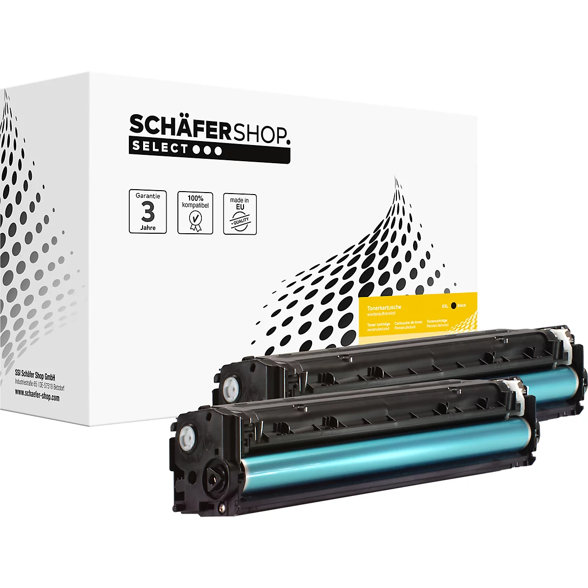 Deux cartouches de toner noires et bleues devant un emballage de produit avec logo et texte. Étiquette jaune.