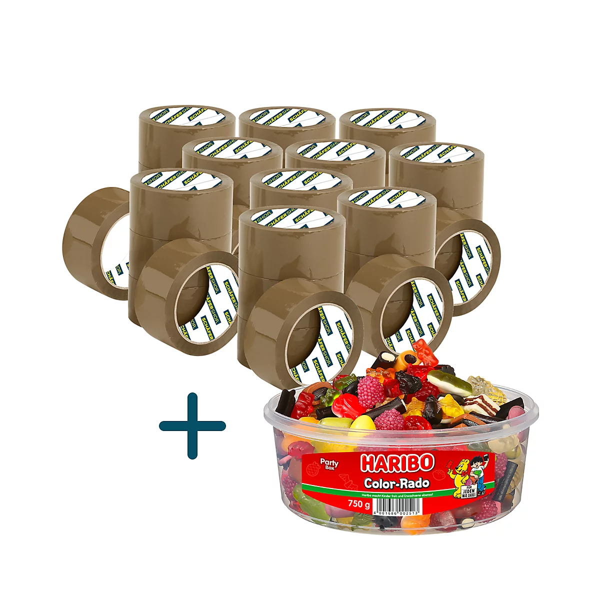 Braunes Klebeband und eine Schale Haribo-Süssigkeiten. Ein Pluszeichen verbindet beide.