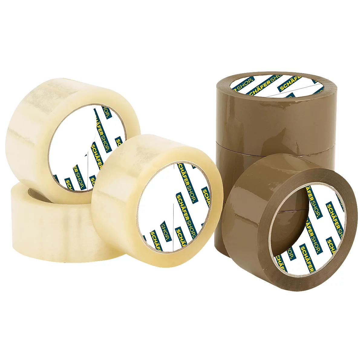 Several rolls of tape, transparent and brown, with print. In the foreground is a roll.