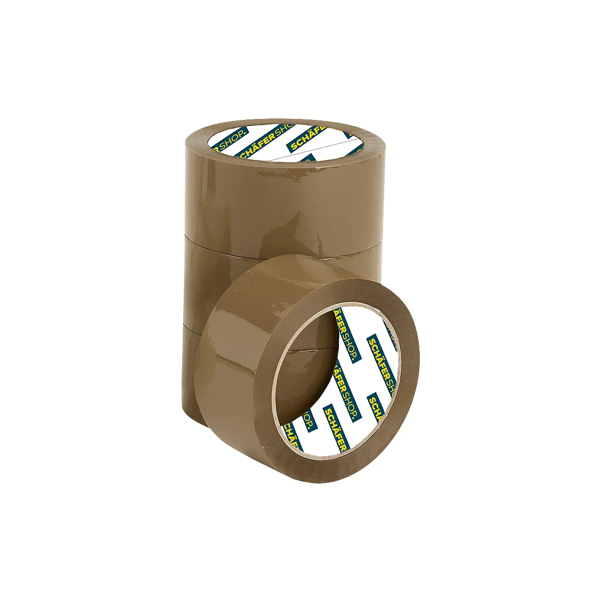 Brown packing tape stacked. The logo of Schäfer Shop is visible on the rolls.