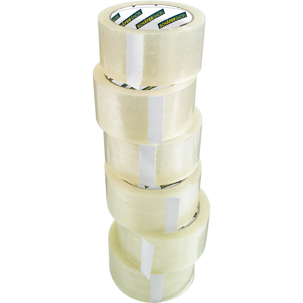 Stack of transparent adhesive tapes. The inscription 'SCHÄFER SHOP' can be seen on the rolls.
