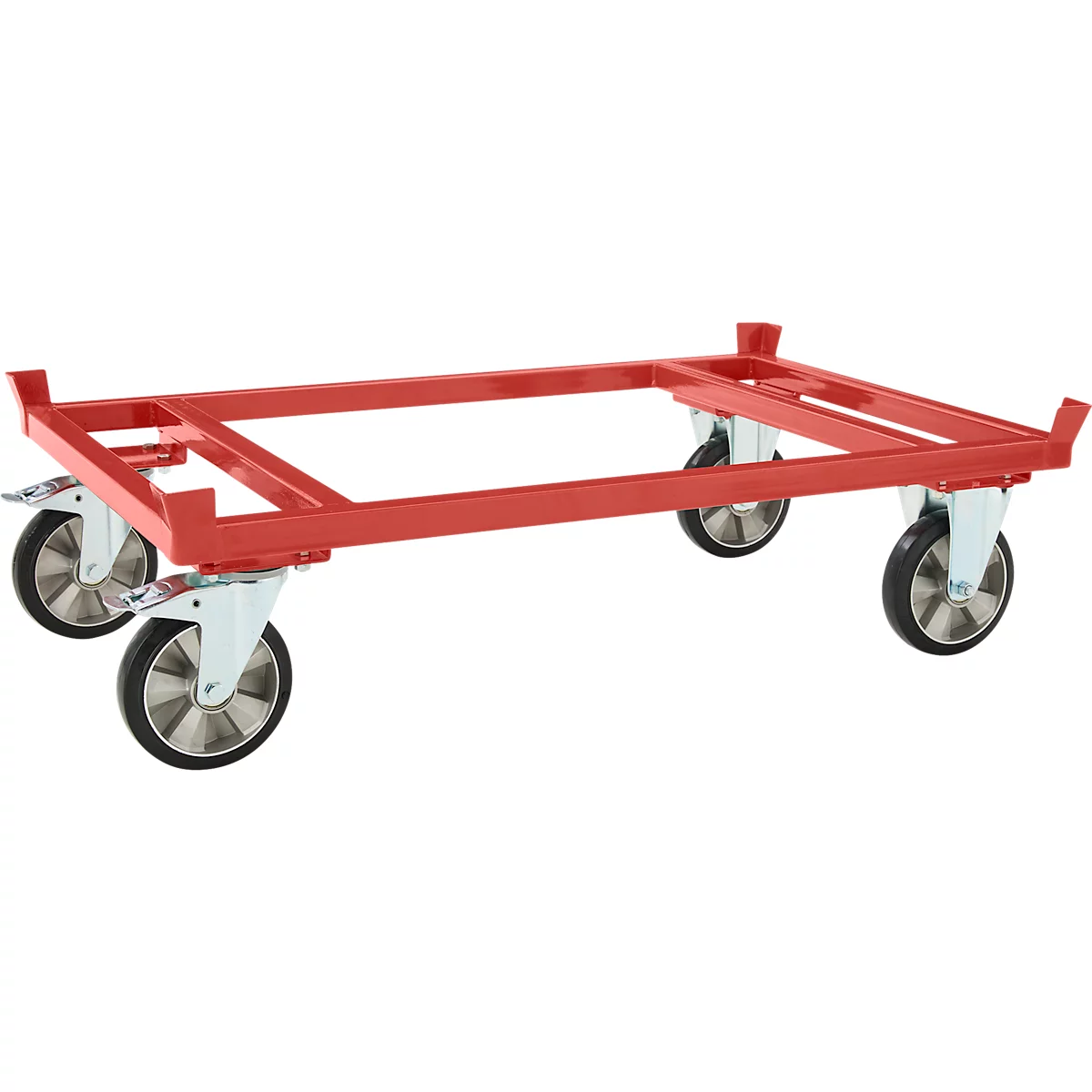 Ein roter, rechteckiger Transportroller aus Metall mit vier schwenkbaren Rollen auf weißem Hintergrund.