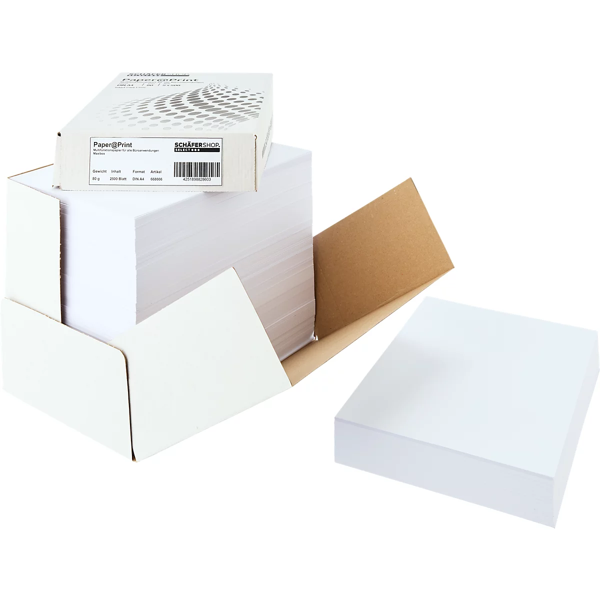 Geöffnete Box mit Papier, darunter eine weitere Box und einzelne Blätter. Auf der Box ist ein Barcode und Schriftzug.