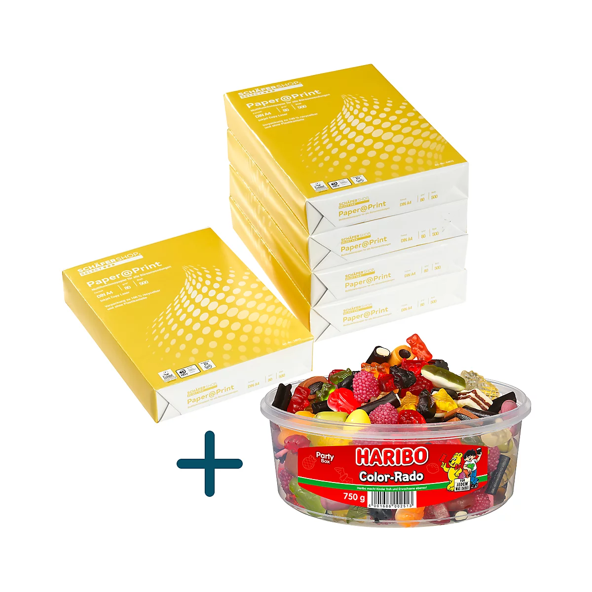 Piles de papier jaune et Haribo Color-Rado, signe plus entre les deux.