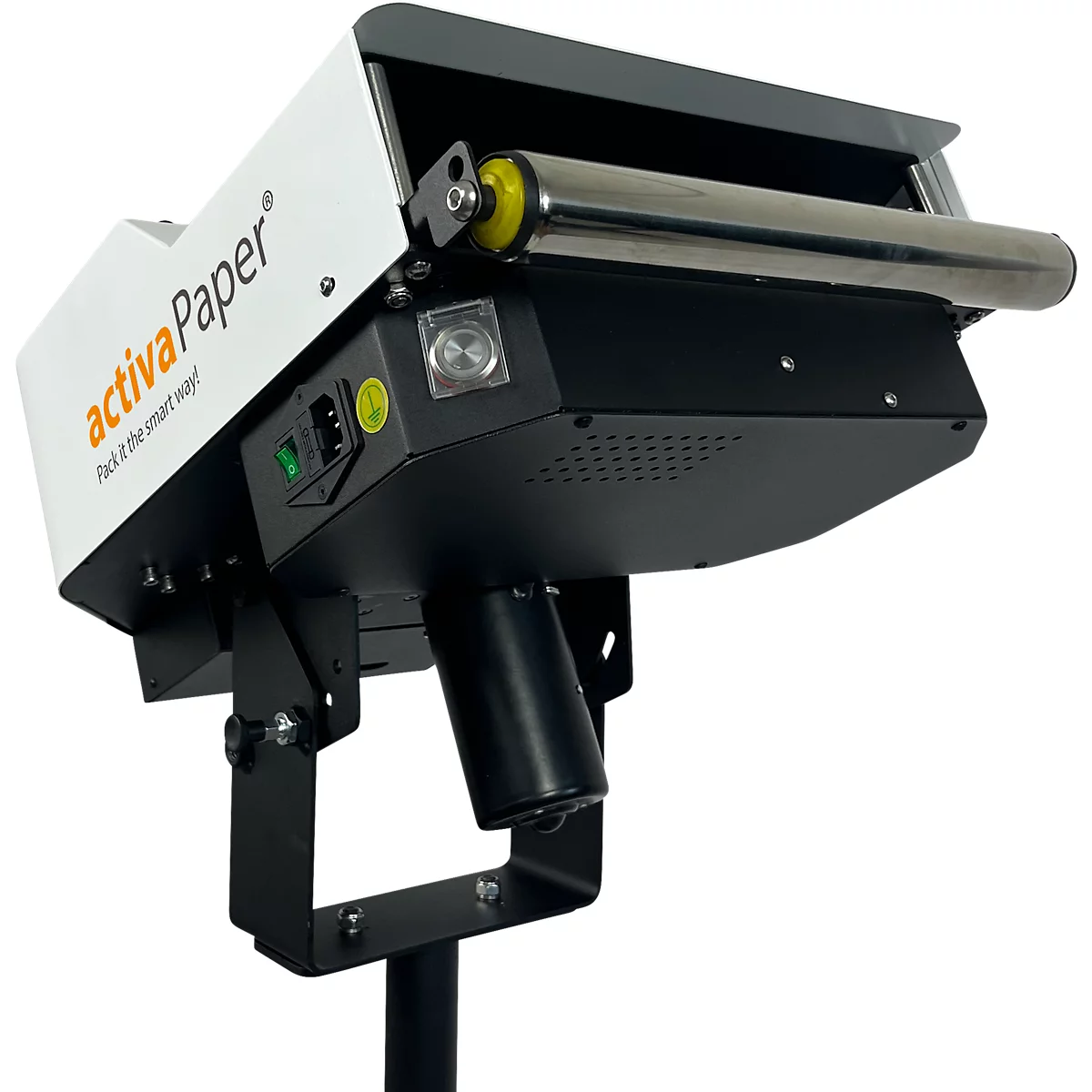 Maschinenteil: Weiß-schwarzes Gerät, 'activaPaper'-Schriftzug, Rollenhalterung, Kabelleiste, auf Ständer montiert.