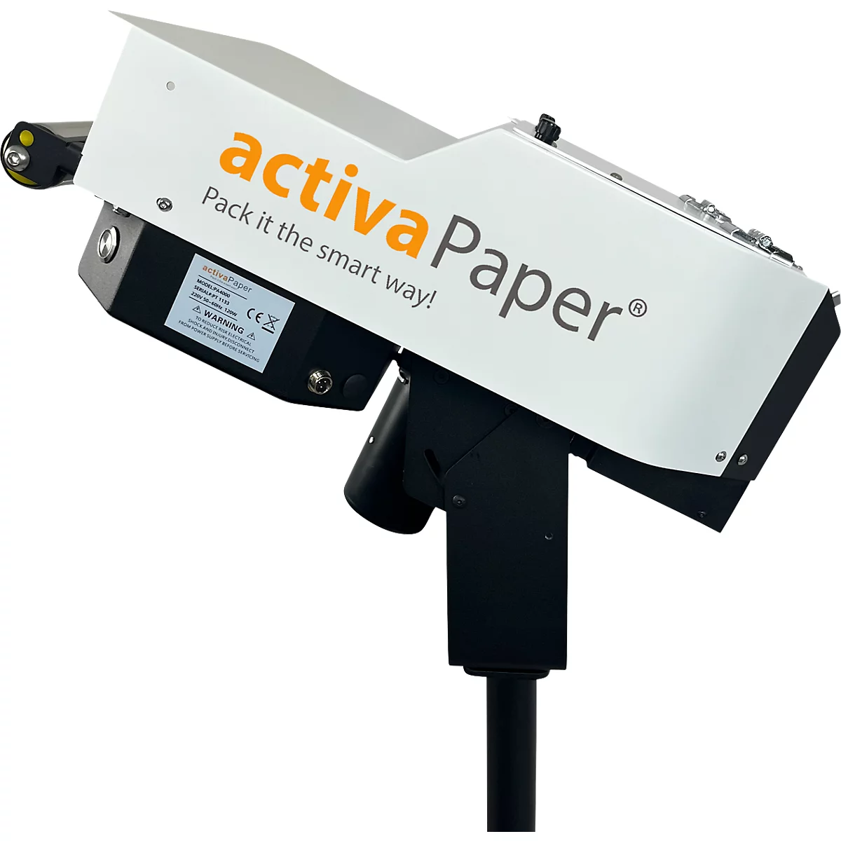 Maschine mit weißem Gehäuse und aktivaPaper-Schriftzug. Auf schwarzem Ständer montiert.