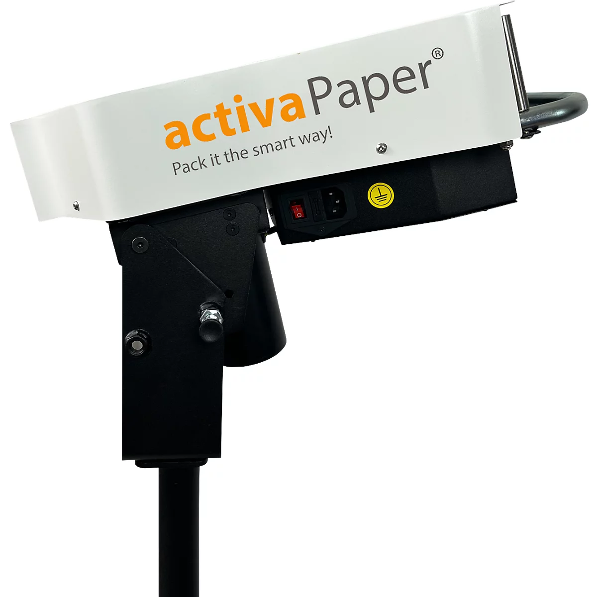 Maschinenansicht: weißes Gehäuse mit 'activaPaper'-Schriftzug, orangefarben. Schwarze Halterung und Stiel.