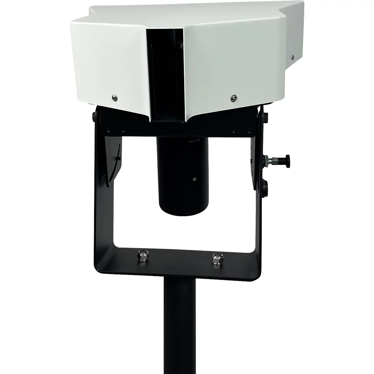 Schwarz-weiß Gerät auf Halterung. Oben weißes Gehäuse, darunter schwarzes Objektiv und Halterung.