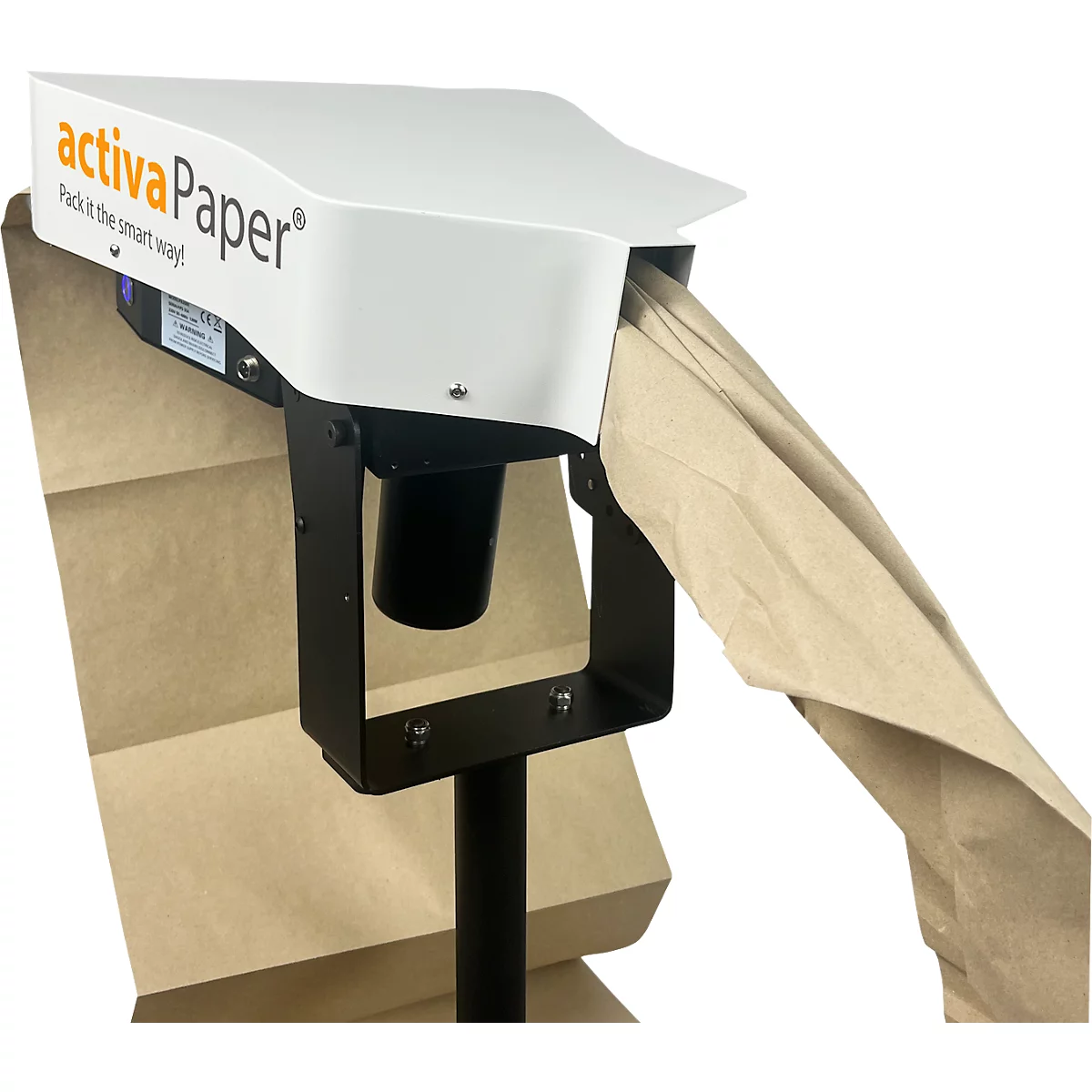Weiß-schwarzes Gerät mit dem Schriftzug "activaPaper". Braunes Papier wird ausgegeben.