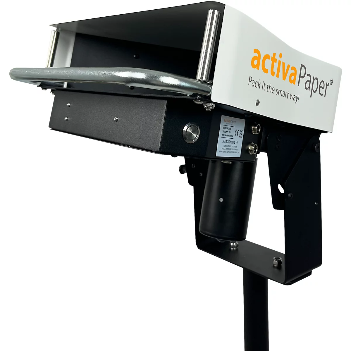 Maschinenteil: Weißes Gehäuse mit "activaPaper"-Schriftzug. Grauer Arm, schwarzes Gehäuse und Ständer.