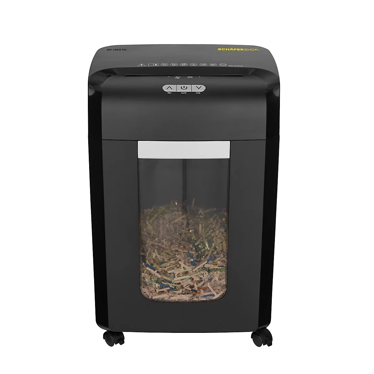 Schäfer Shop Select Papiervernietiger SH1823 CC, deeltjesgrootte 4 x 35 mm, P-4, 23 l, snijcapaciteit 18 vel, met wielen