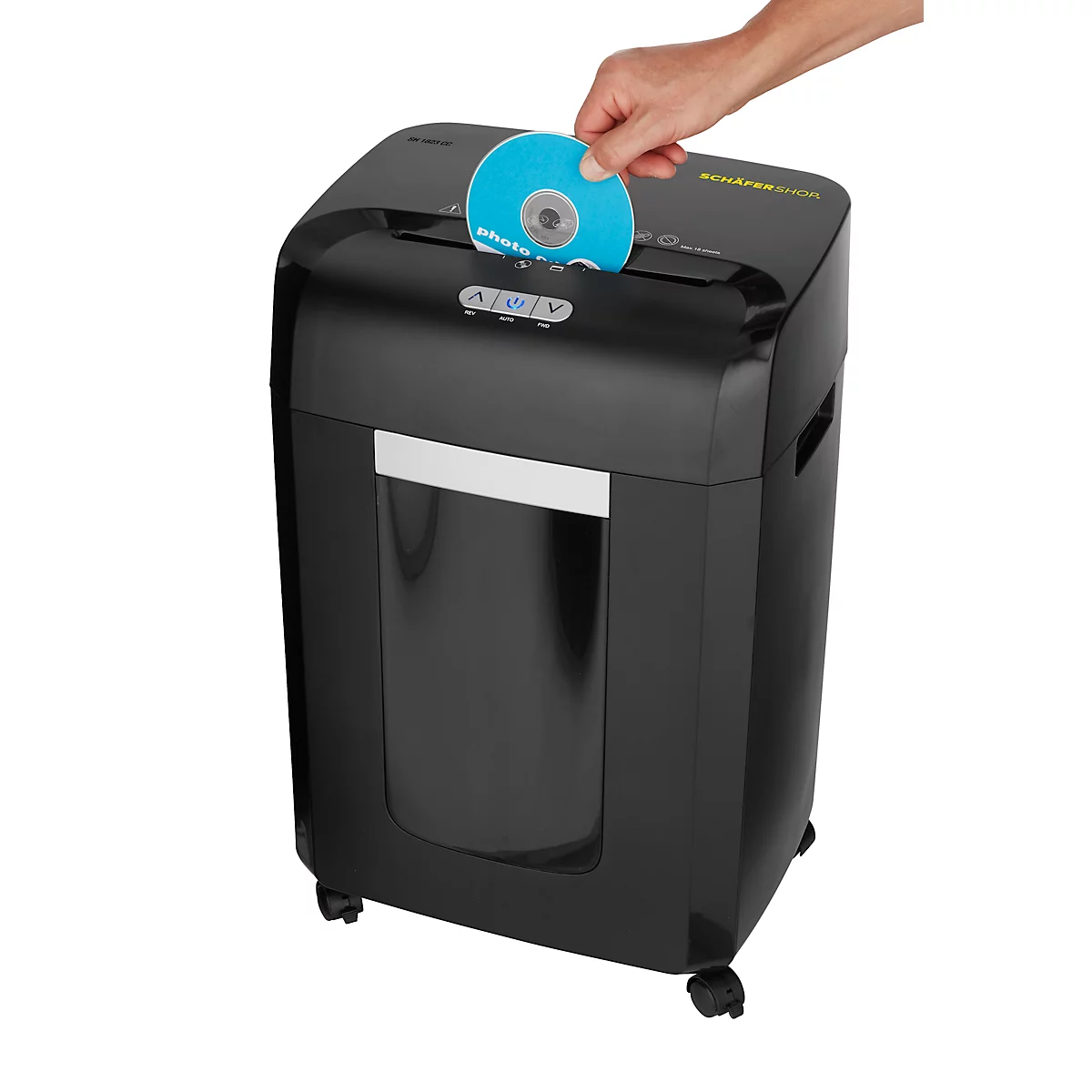 Schäfer Shop Select Papiervernietiger SH1823 CC, deeltjesgrootte 4 x 35 mm, P-4, 23 l, snijcapaciteit 18 vel, met wielen