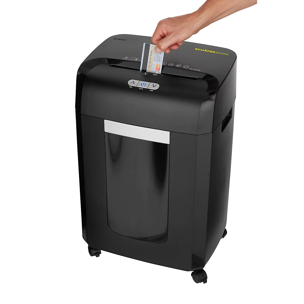 Schäfer Shop Select Papiervernietiger SH1823 CC, deeltjesgrootte 4 x 35 mm, P-4, 23 l, snijcapaciteit 18 vel, met wielen