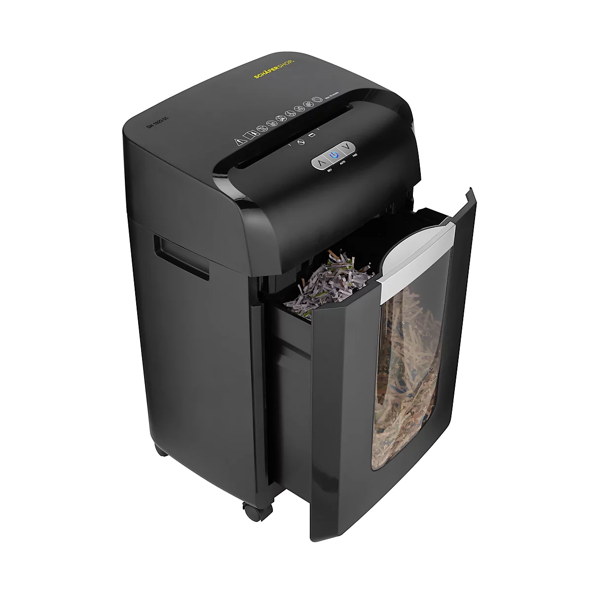 Schäfer Shop Select Papiervernietiger SH1823 CC, deeltjesgrootte 4 x 35 mm, P-4, 23 l, snijcapaciteit 18 vel, met wielen