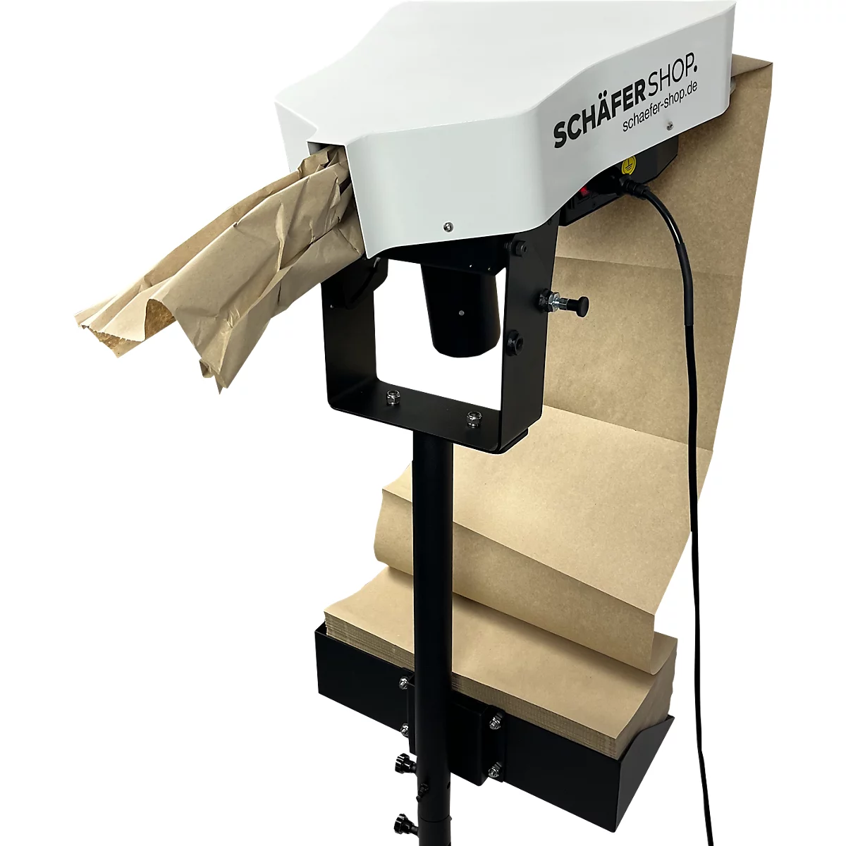 Machine voor het verpakken van producten. Een witte kop met bedrijfslogo, bruine papieren zakken worden gevuld.