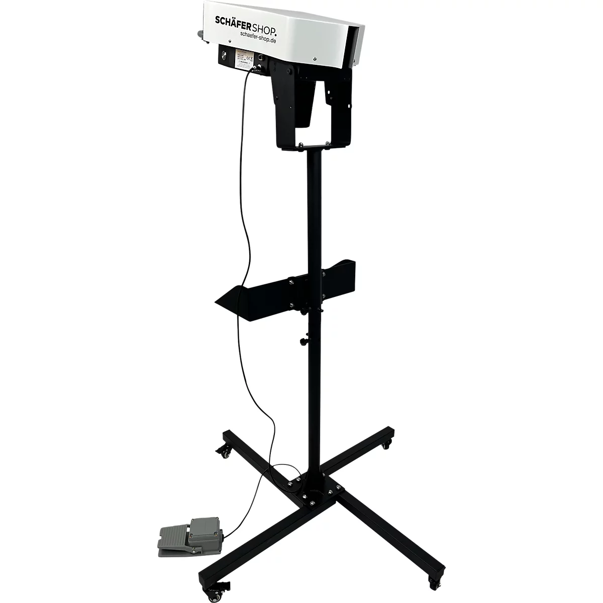 Industriële verpakkingsmachine met voetschakelaar, zwart-wit, met 'Schäfer Shop' print.