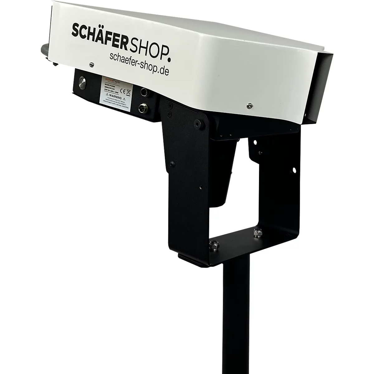 Een bewakingssysteem in wit en zwart. Op de behuizing staat in het zwart 'SCHÄFERSHOP'.