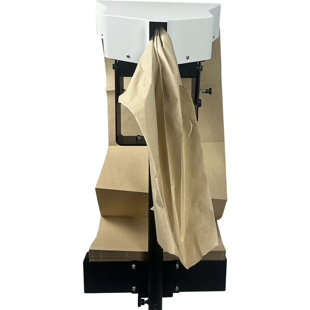 Een apparaat met papieren zakken. Een zak hangt uit de bovenkant van het apparaat.