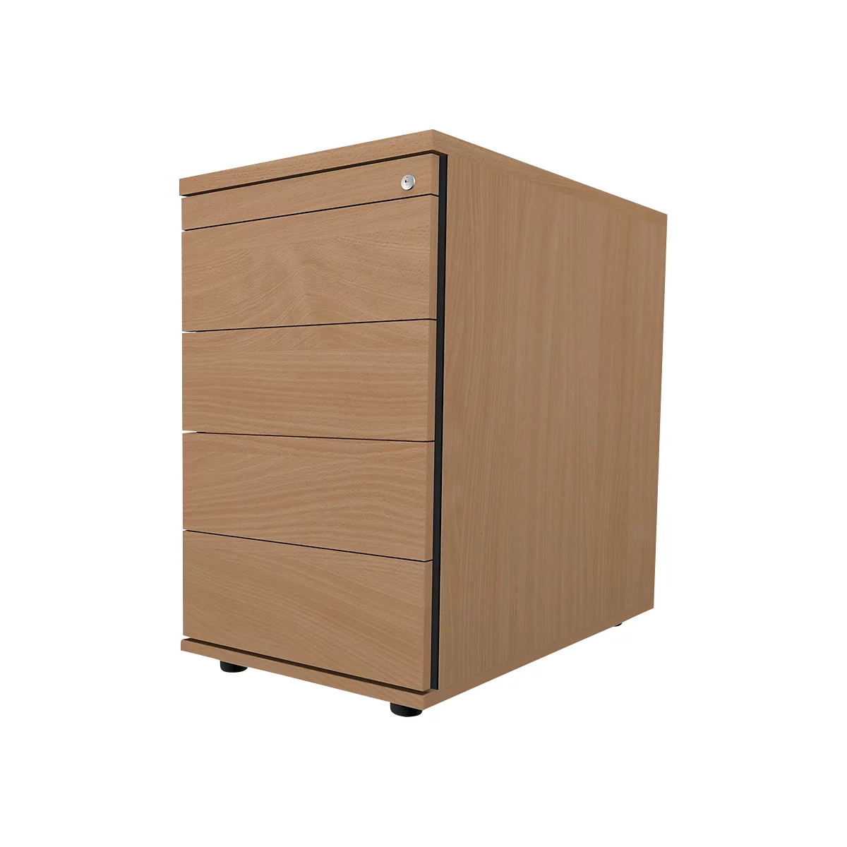 A wooden file cabinet with four drawers and a black frame. There is a lock on the top.