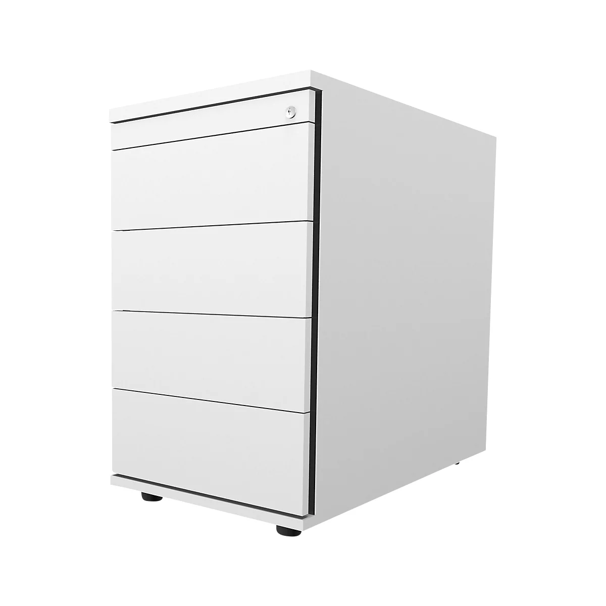 White, minimalist pedestal with four drawers and a lock.