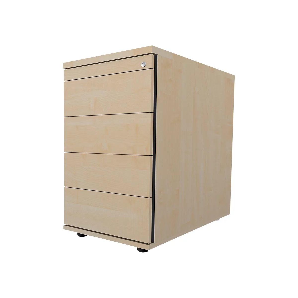 Beige wooden office cabinet with four drawers and lock, black lines, on a black base.
