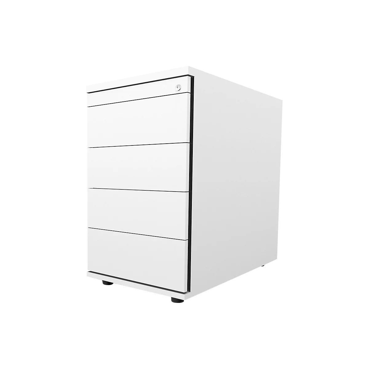 White mobile pedestal with four drawers. The container stands on black feet.