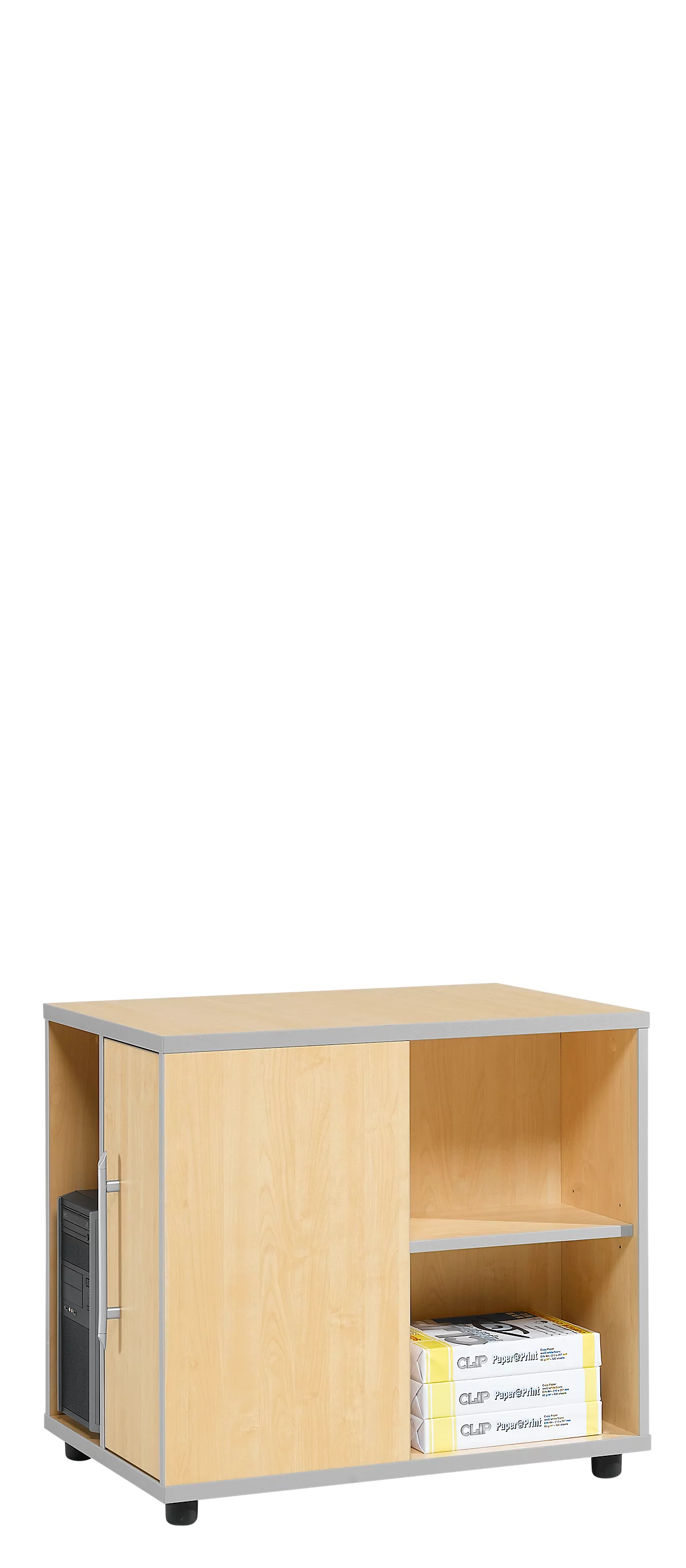 Schäfer Shop Select pedestal adicional Moxxo IQ, compartimento de alimentación para PC, 1 puerta, 2 compartimentos laterales, ancho 551 x fondo 800 x alto 720 mm, decoración de arce 