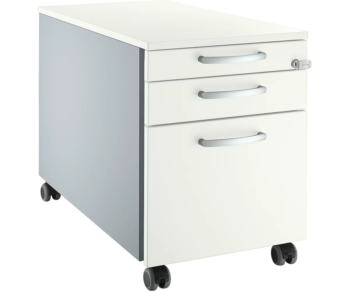 Schäfer Shop Select pedestal móvil 126, 1 cajón, HR y utensilios extraíbles, asas redondas, blanco-alu/blanco-alu/blanco