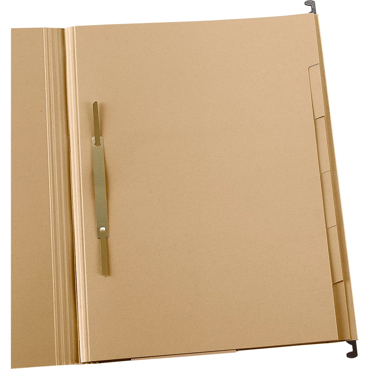 Opened brown cardboard file folder with metal hanging tabs.