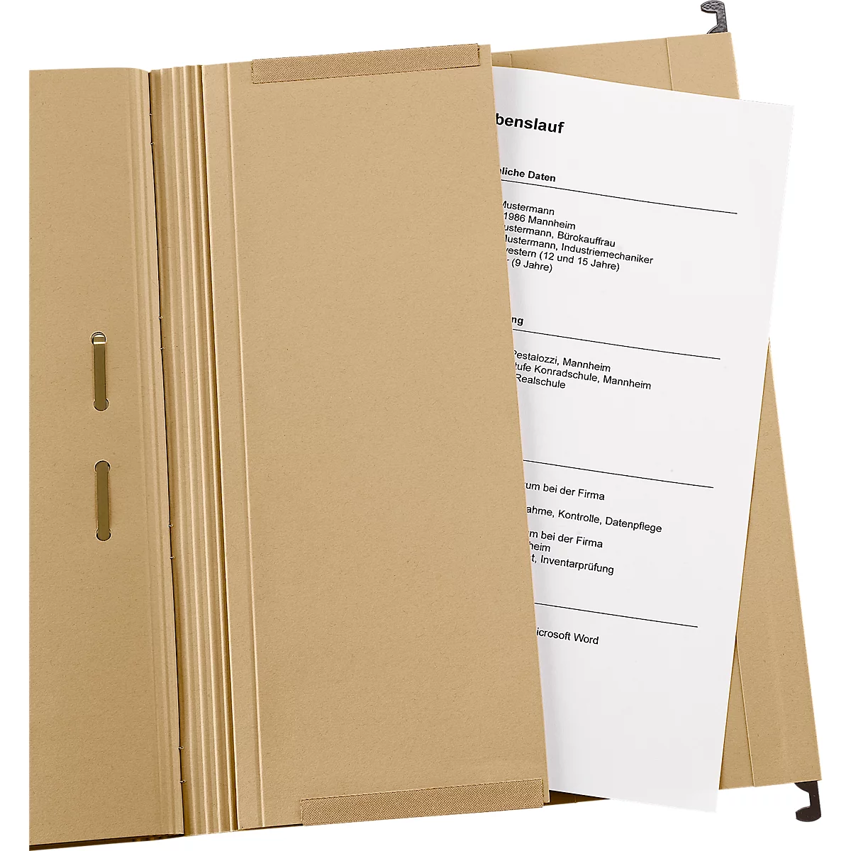Open brown hanging file folder, a sheet of paper with text sticking out.