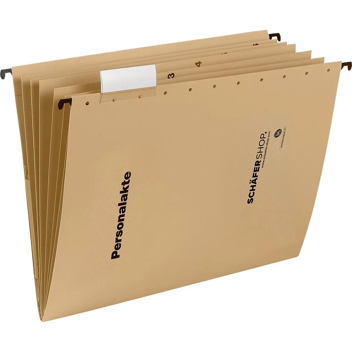 Hanging file folder with several beige files. Printed: Personal file, Schäfer Shop.