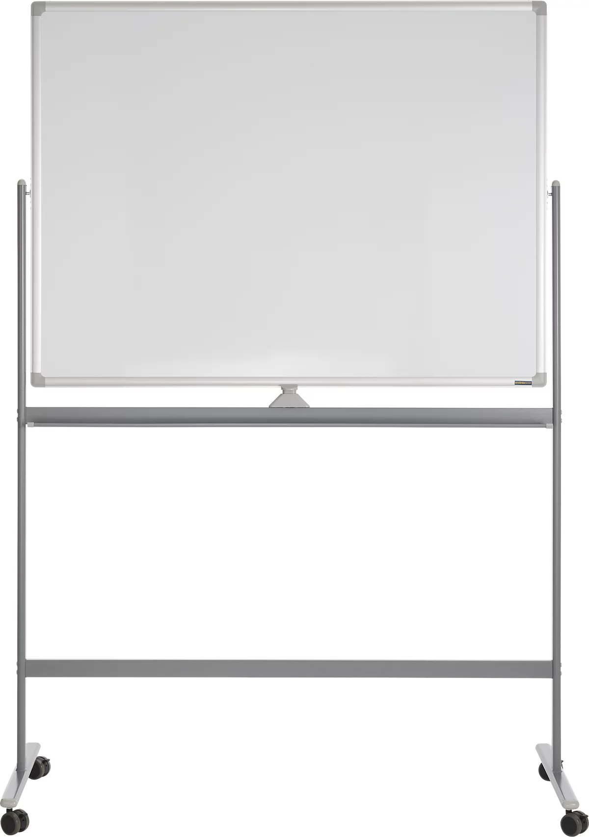 Pizarra blanca rectangular sobre un marco gris rodante. La pizarra está en blanco y sobre un fondo blanco.