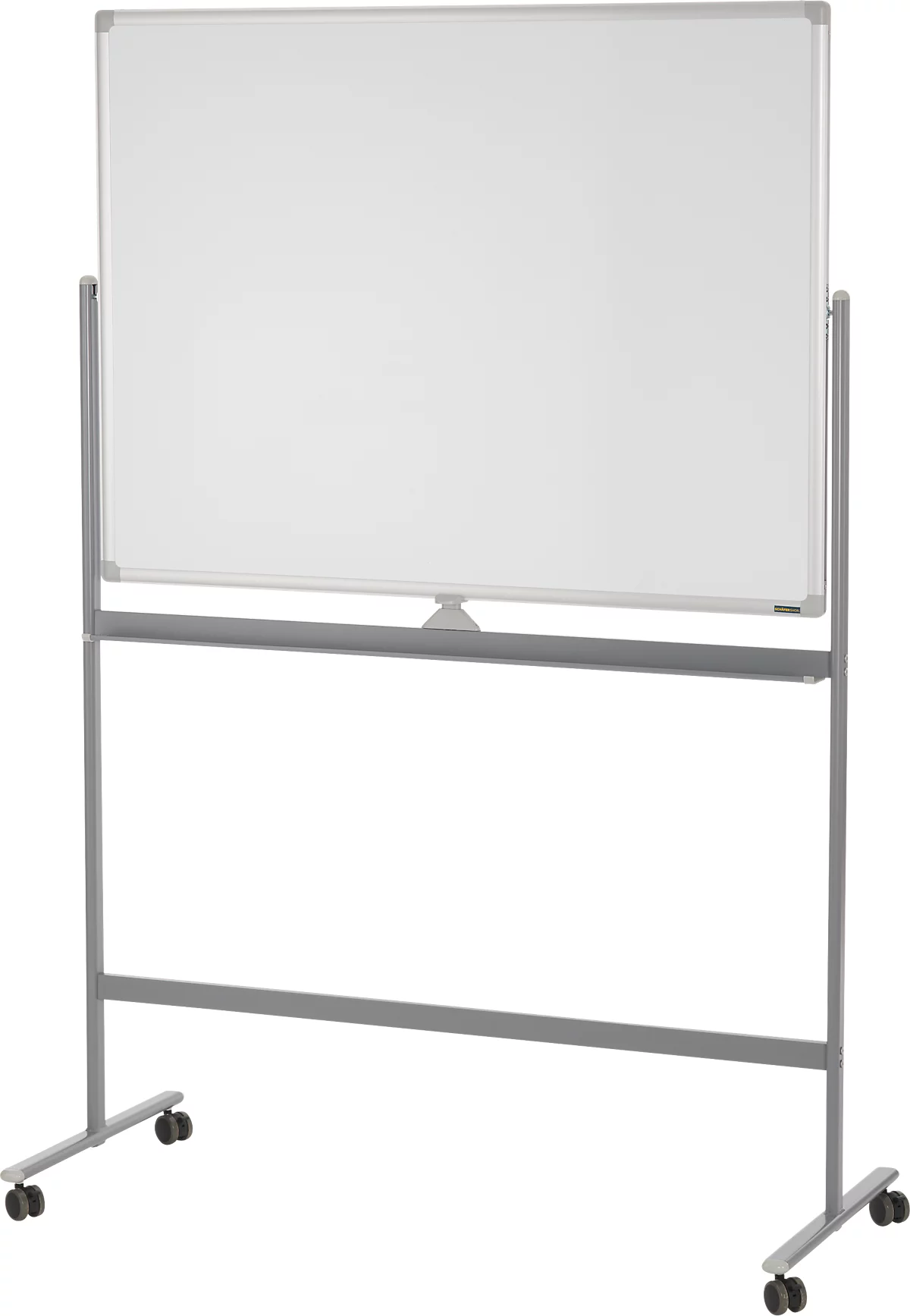 Pizarra blanca móvil con marco gris y ruedas.