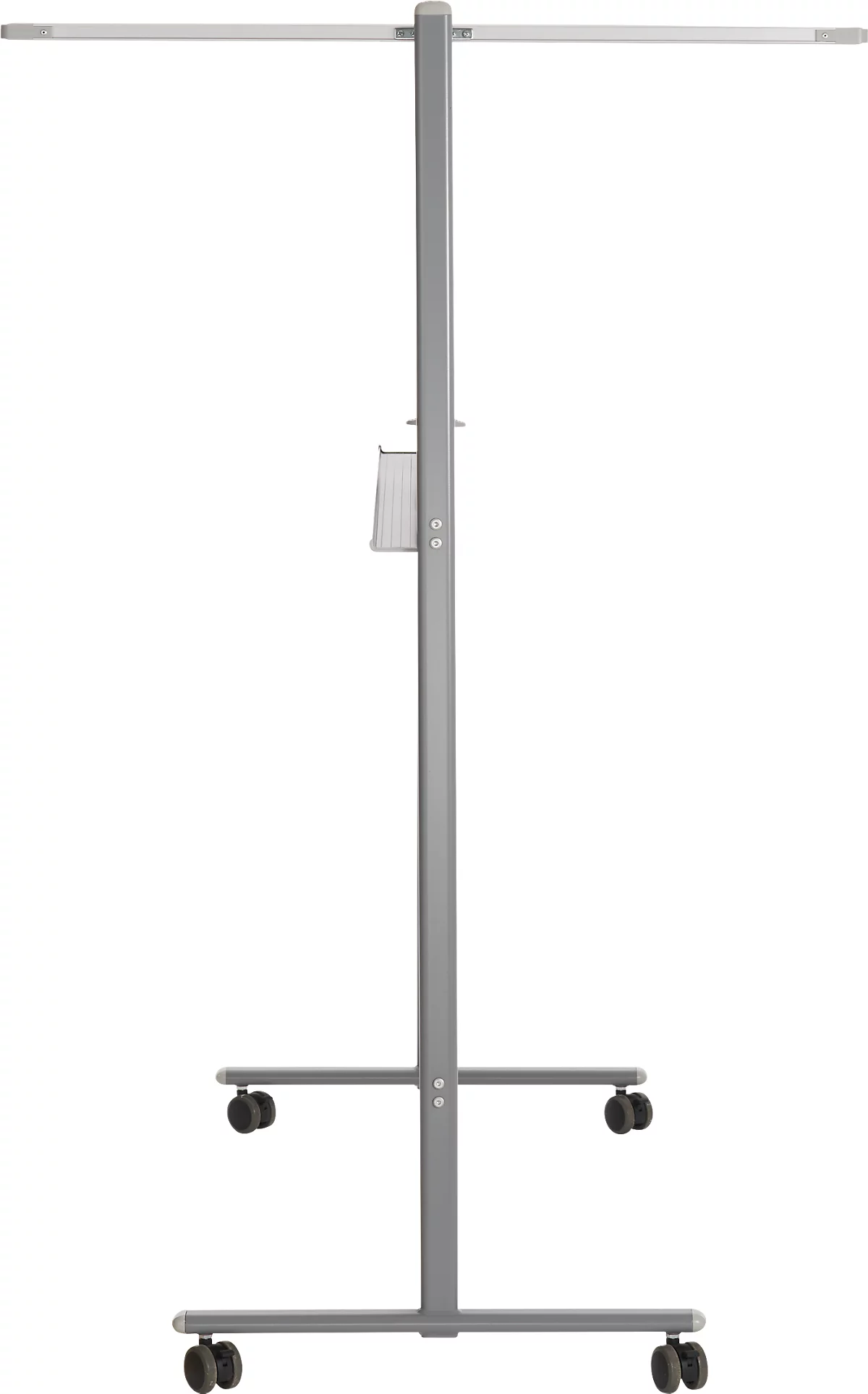 Soporte móvil gris con ruedas y barra horizontal.