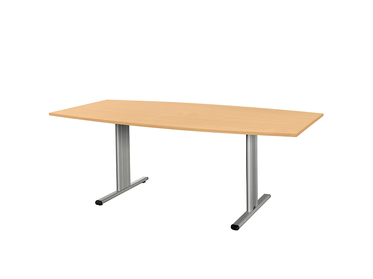 Schäfer Shop Select Planova Basic mesa de conferencias, barco, pie en T, ancho 2000 x fondo 1000 x alto 717 mm, haya/aluminio blanco RAL 9006 