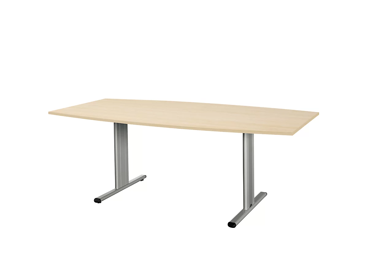 Schäfer Shop Select Planova Basic mesa de conferencias, barco, pie T, ancho 2000 x fondo 1000 x alto 717 mm, arce/aluminio blanco RAL 9006 