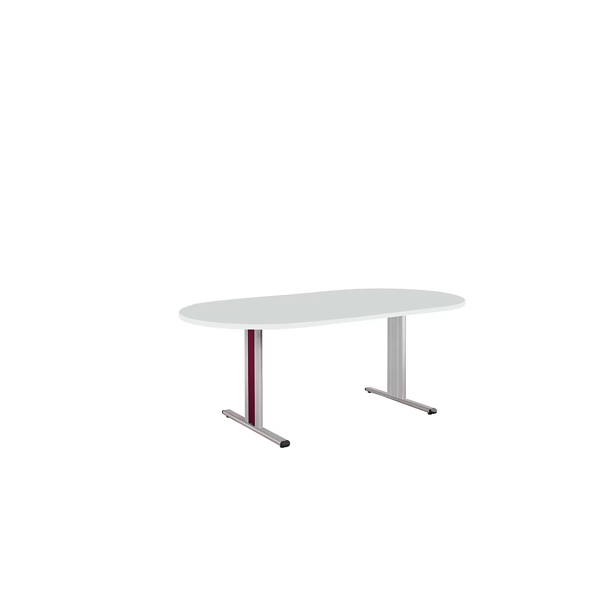 Oval white conference table with two silver legs. One leg has a burgundy column.