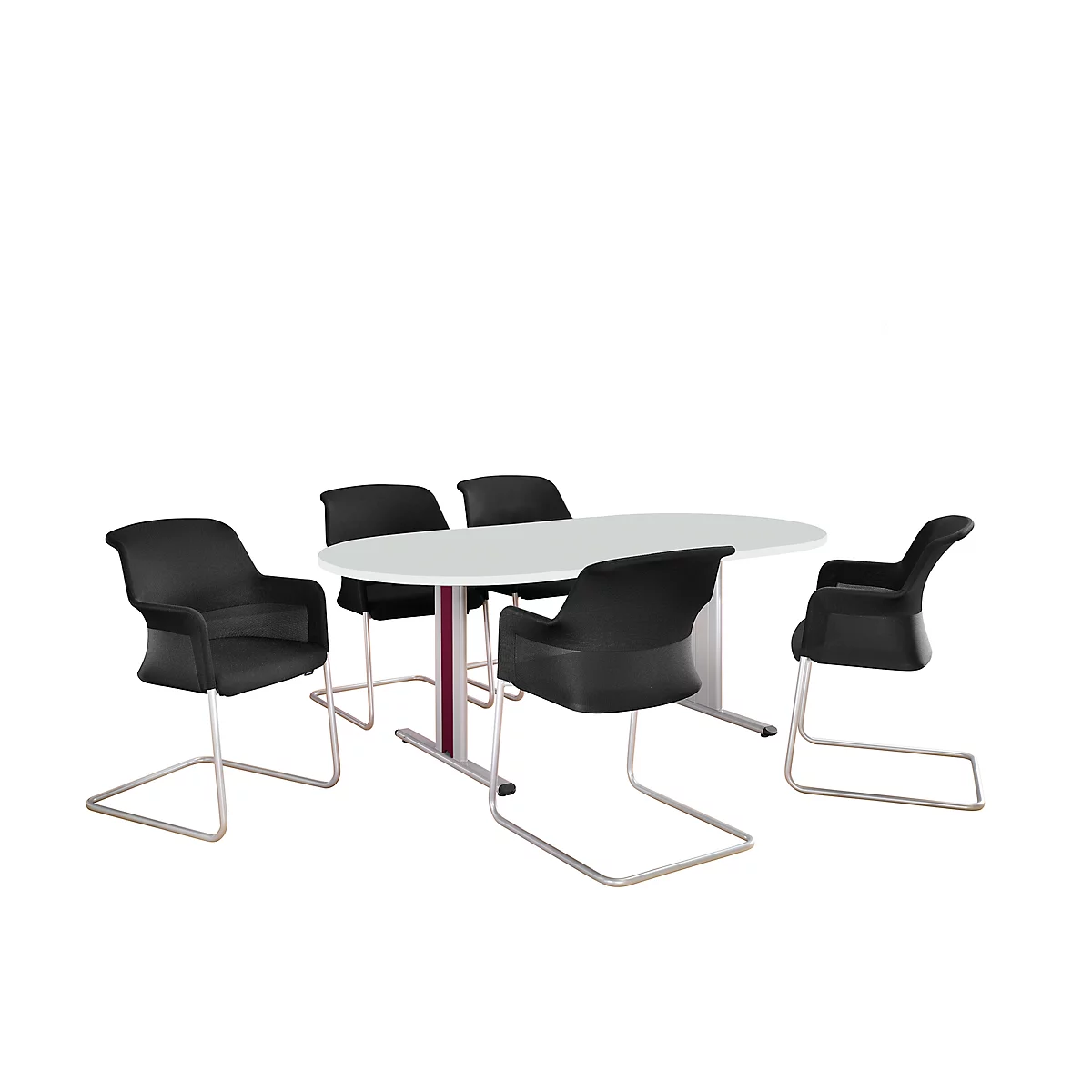 White oval table with 4 black chairs, on a white background.