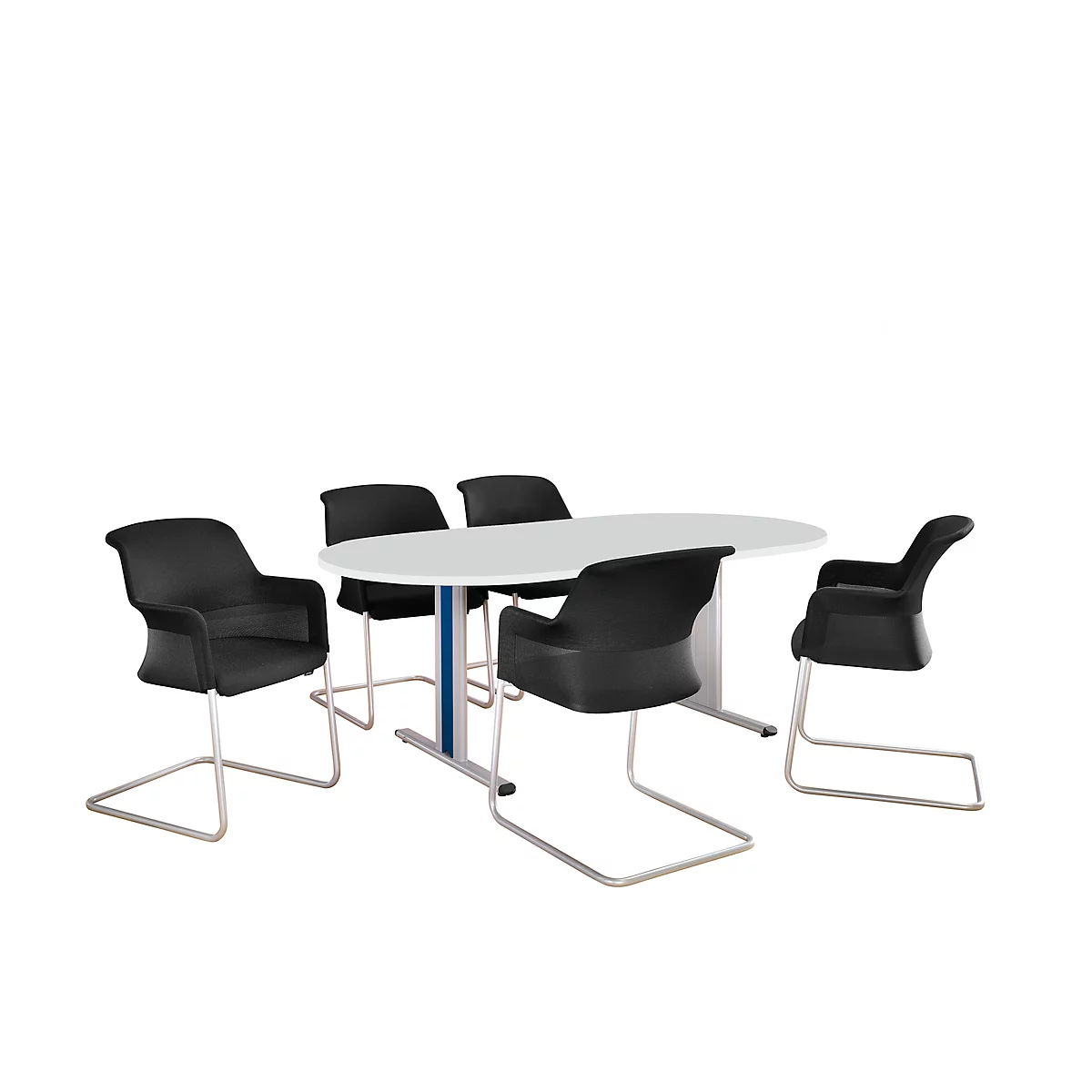 An oval table with a white top and metal frame. Around it are 5 black chairs with chrome runners.